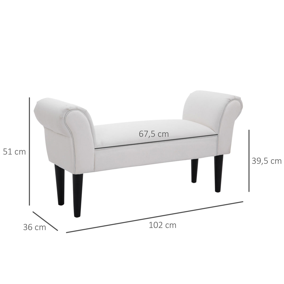 Banco de Pé de Cama Banco com Braços Curvados Estofado e Pés de Madeira para Dormitório Entrada Sala de Estar Carga Máxima 130kg 102x31x51cm Branco — foto 3