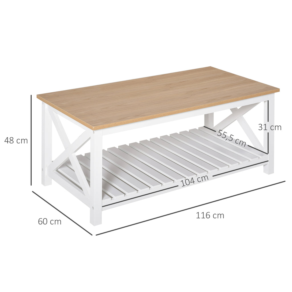 Mesa de Centro para Sala de Estar Mesa de Café com Prateleira de Armazenamento Inferior 116x60x48cm Madeira Natural e Branco — foto 3