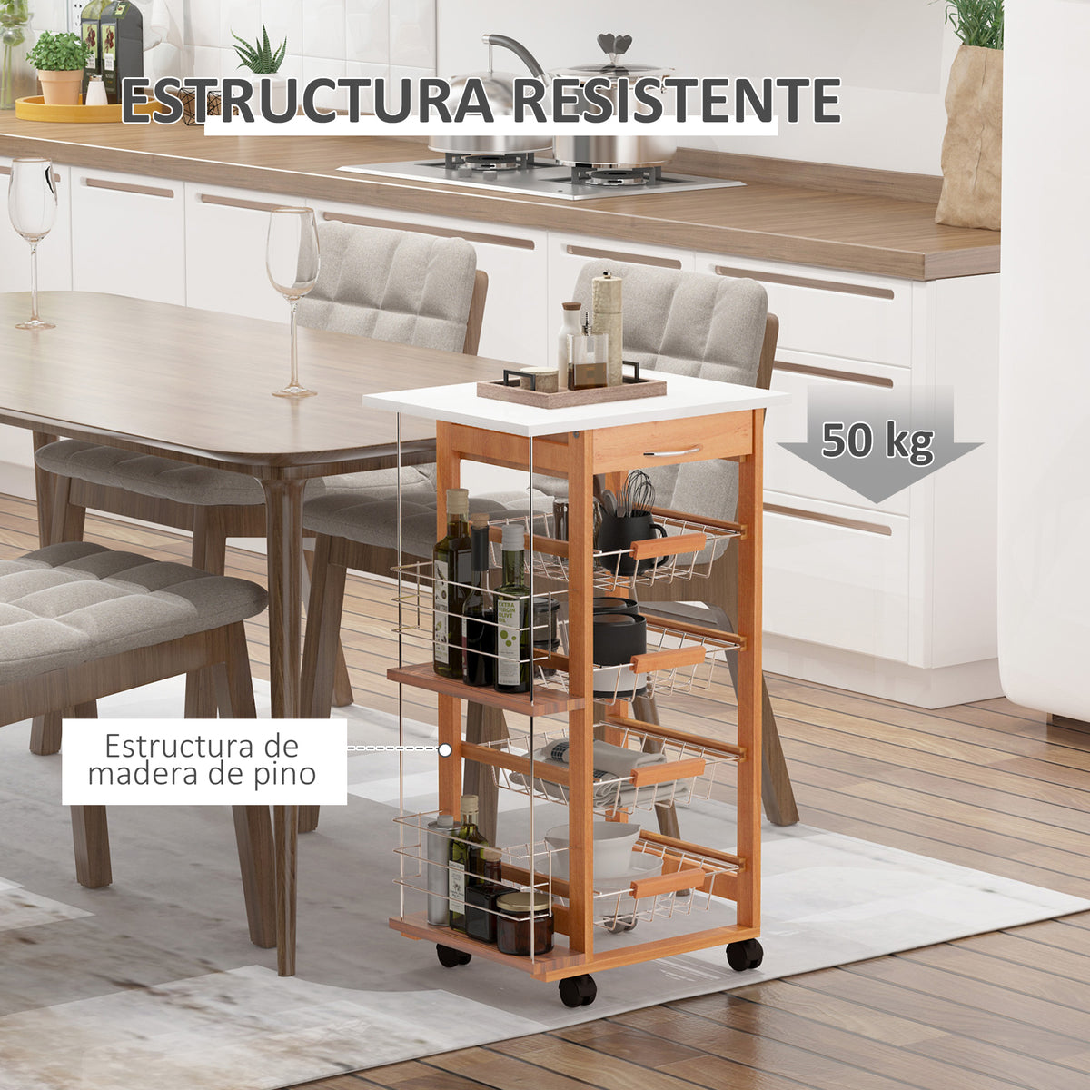 Carrinho de Cozinha com Rodas Carrinho Auxiliar com Gaveta 4 Cestas Amovíveis de Metal e Prateleiras Laterais 47x37x83 cm Madeira — foto 6