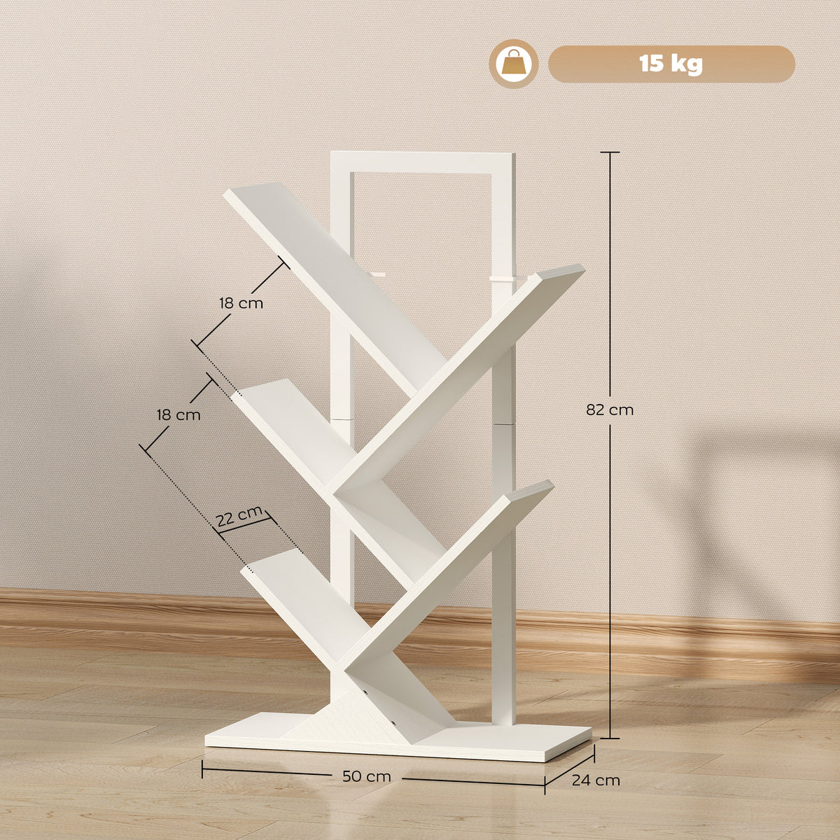 Estante em Forma de Árvore de 5 Níveis Estante de Livros com 5 Prateleiras e Estrutura de Aço para Sala de Estar Escritório Estúdio Quarto 50x24x82 cm Branco — foto 3