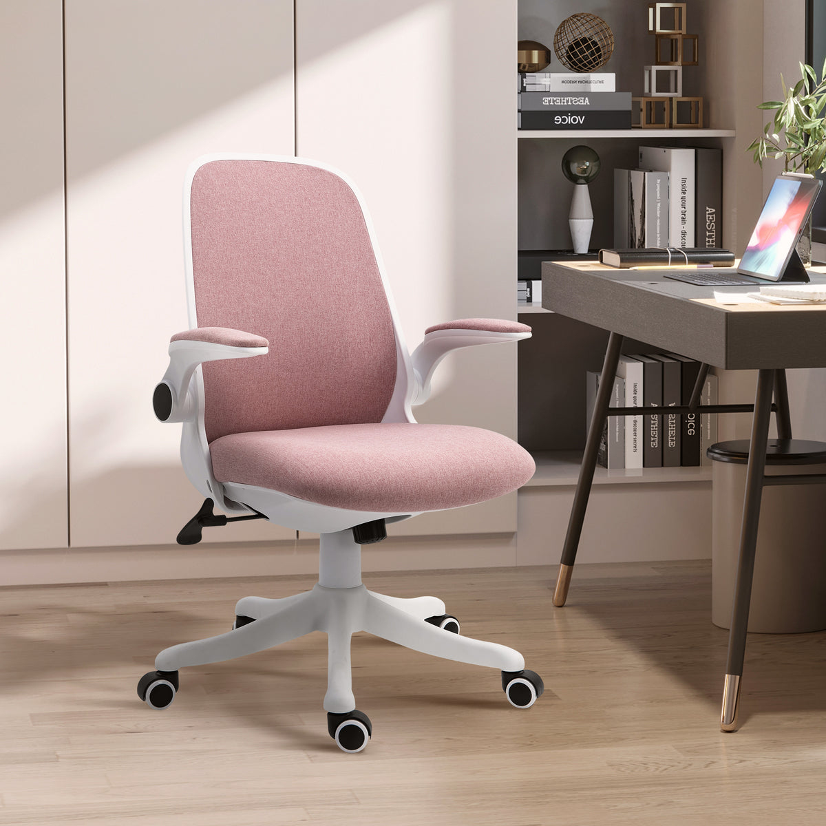 Cadeira de Escritório Giratória Função de Inclinação Altura Ajustável Ergonômica com Apoio de Braço Elevavel Carga 120 kg 62,5x60x94-104cm Rosa — foto 2