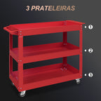 Carrinho de Ferramentas com Rodas Carro de Ferramentas de Oficina de Aço com 3 Prateleiras de Armazenamento e Alça Lateral para Garagem Oficina Carga Máxima 150kg 83x35,3x76 cm Vermelho — foto 4