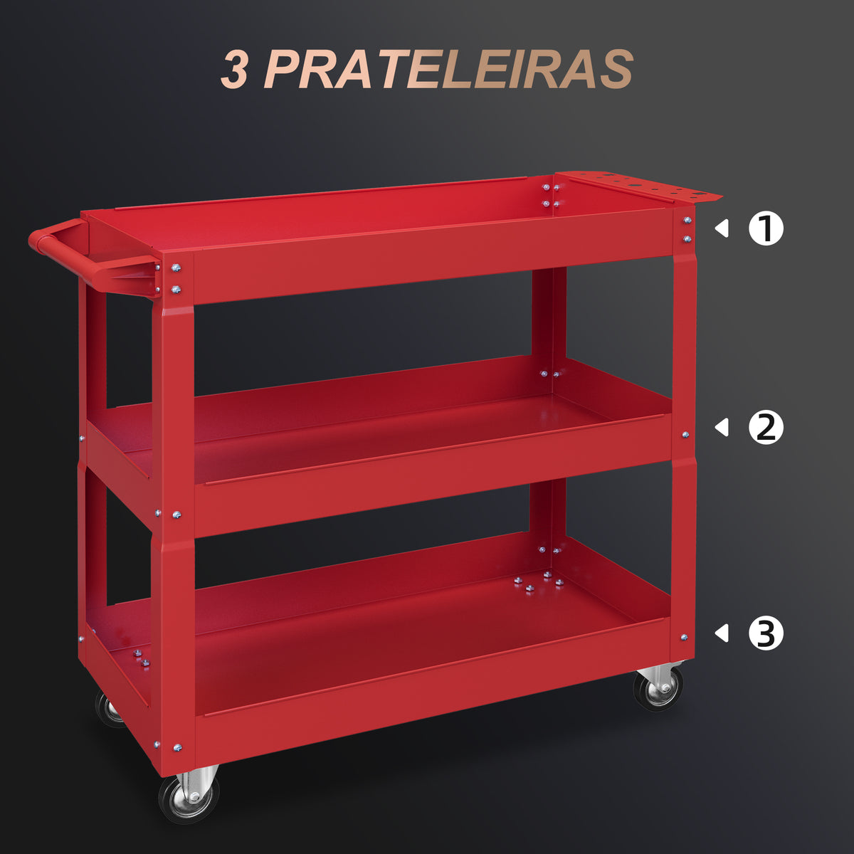 Carrinho de Ferramentas com Rodas Carro de Ferramentas de Oficina de Aço com 3 Prateleiras de Armazenamento e Alça Lateral para Garagem Oficina Carga Máxima 150kg 83x35,3x76 cm Vermelho — foto 4