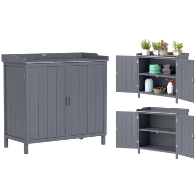 Wooden Garden Cabinet with Planting Table Outdoor Cabinet with 2 Doors Magnetic Lock and 2 Shelves for Terrace Counter 98x48x95.5cm Grey