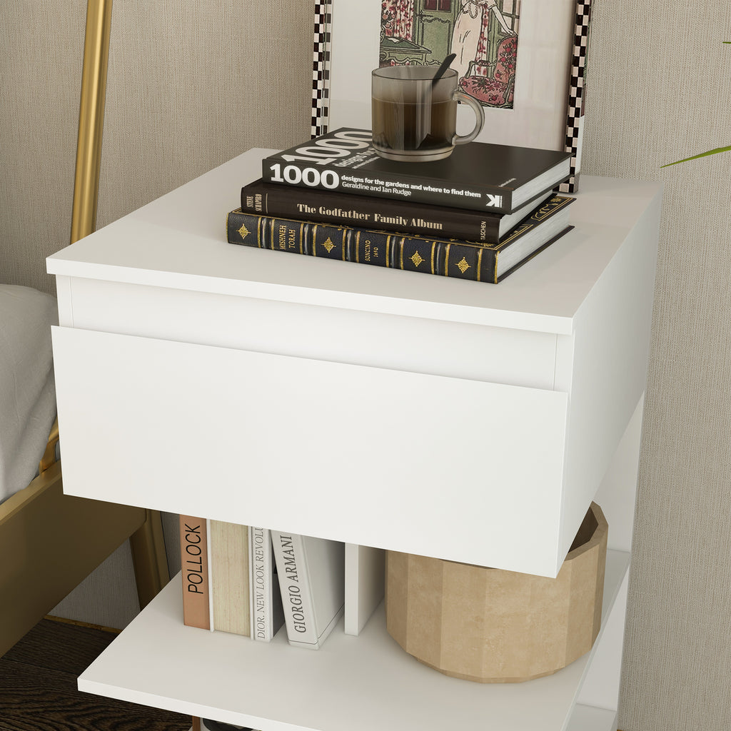 Mesa de Cabeceira Mesa Auxiliar com 1 Gaveta e 2 Prateleiras Abertas para Quarto Sala Cama Escritório Estilo Moderno 39x39x65 cm Branco — foto 7