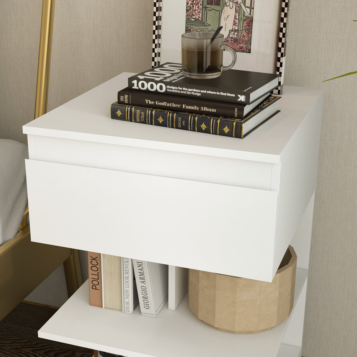 Mesa de Cabeceira Mesa Auxiliar com 1 Gaveta e 2 Prateleiras Abertas para Quarto Sala Cama Escritório Estilo Moderno 39x39x65 cm Branco — foto 7