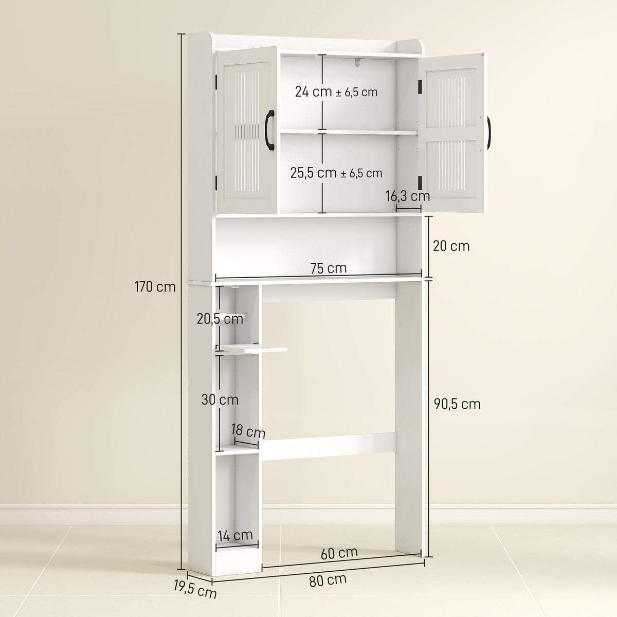 Armário sobre Sanita Móvel sobre Sanita com Prateleira Ajustável 2 Portas Suporte para Papel Higiênico e Prateleiras Abertas Armário para Máquina de Lavar 80x19,5x170 cm Branco — foto 3