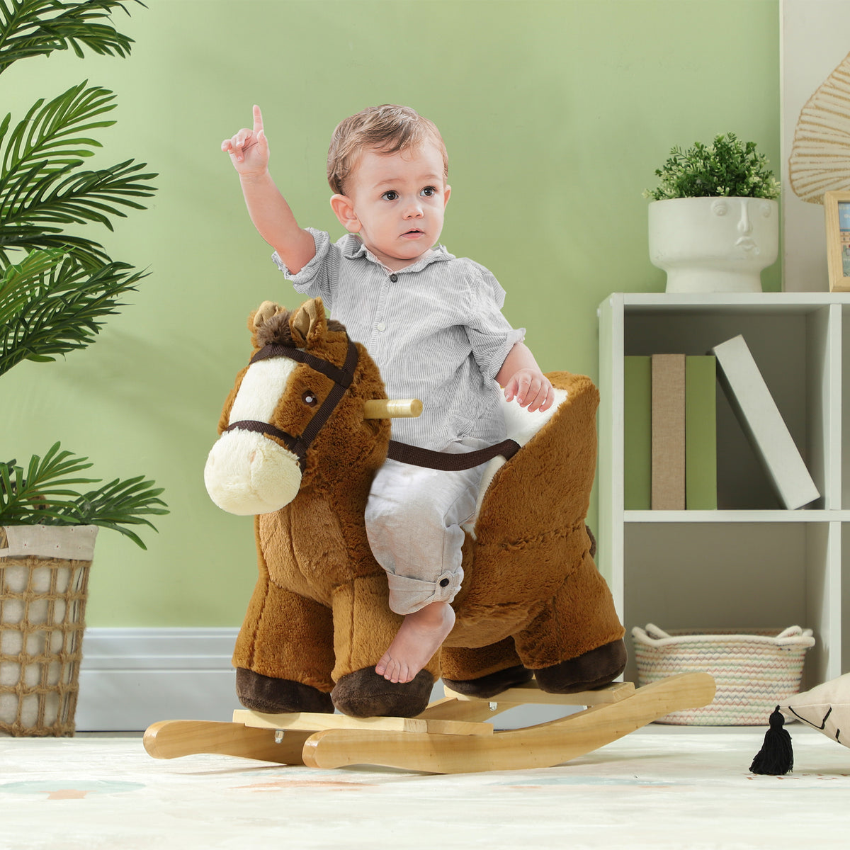 Cavalo Baloiço para Crianças de 18-36 Meses Cavalo Baloiço de Brincar com Sons Cinto de Segurança e Base de Madeira Carga 25 kg 68x33x45 cm Marrom — foto 2