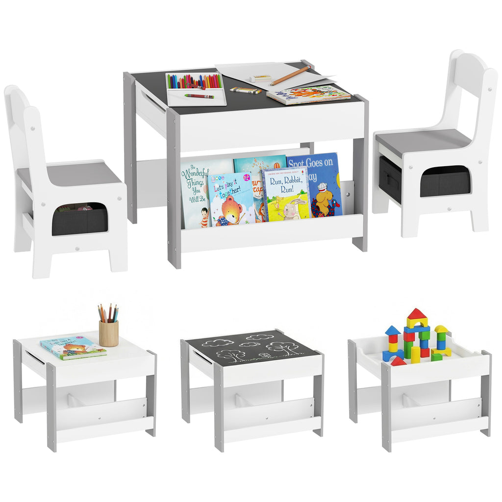 Conjunto de Mesa e 2 Cadeiras Infantis Mesa com Cadeiras para Crianças 2 em 1 com Ardósia Gavetas de Tecido e Espaço de Armazenamento para Quarto Sala de Jogos Cinza — foto 1