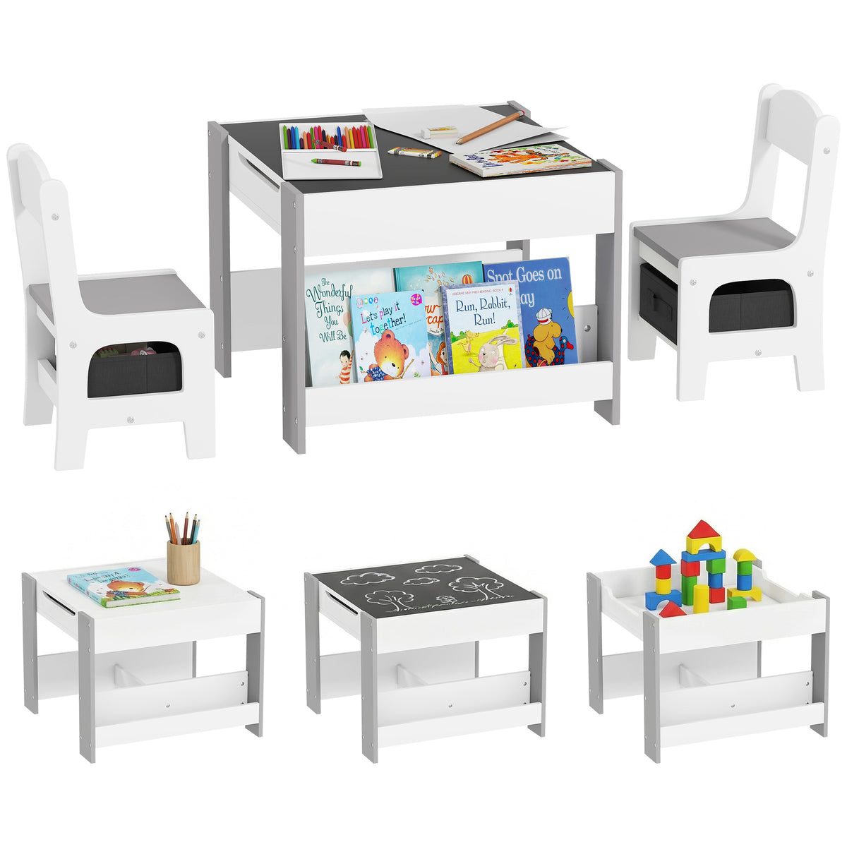Conjunto de Mesa e 2 Cadeiras Infantis Mesa com Cadeiras para Crianças 2 em 1 com Ardósia Gavetas de Tecido e Espaço de Armazenamento para Quarto Sala de Jogos Cinza — foto 1