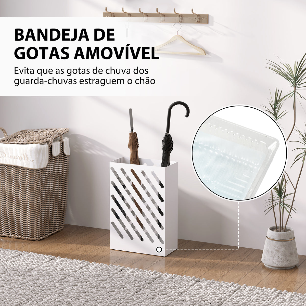 Suporte para Guarda-Chuvas de Aço Galvanizado com Bandeja de Gotejamento Removível 4 Ganchos Design de Elegante para Entrada Corredor Escritório 28x14x41 cm Branco — foto 4