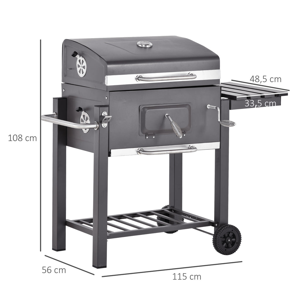 Barbecue a Carvão com Rodas Prateleira Lateral e Termômetro Barbecue a Carvão para Jardim Campismo Exterior 115x56x108cm Cinza — foto 3