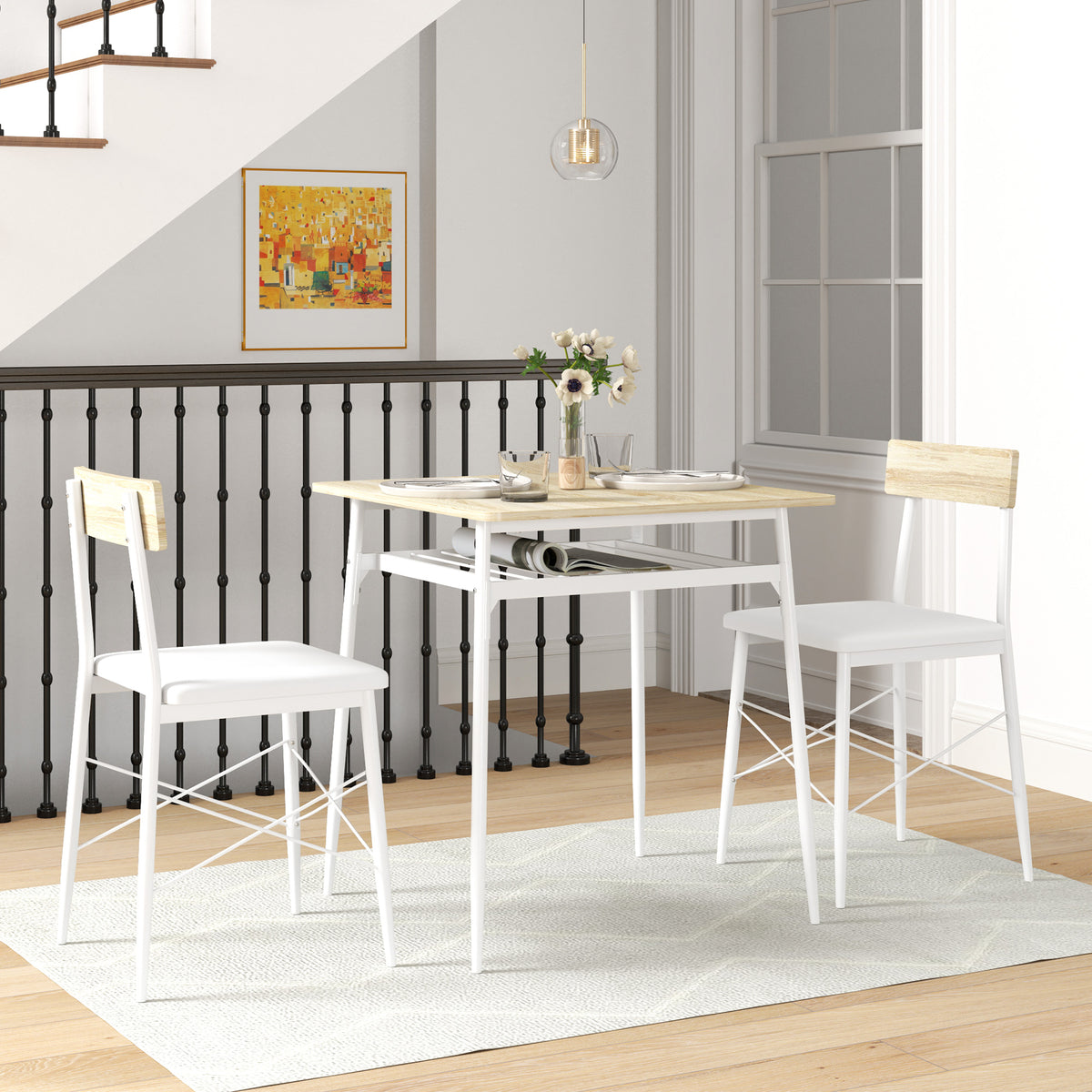 Conjunto de Refeição de 3 Peças Conjunto 1 Mesa de Cozinha 70x70x75 cm e 2 Cadeiras 40x50x80 cm com Prateleira de Armazenamento e Estrutura de Aço Branco e Madeira — foto 2