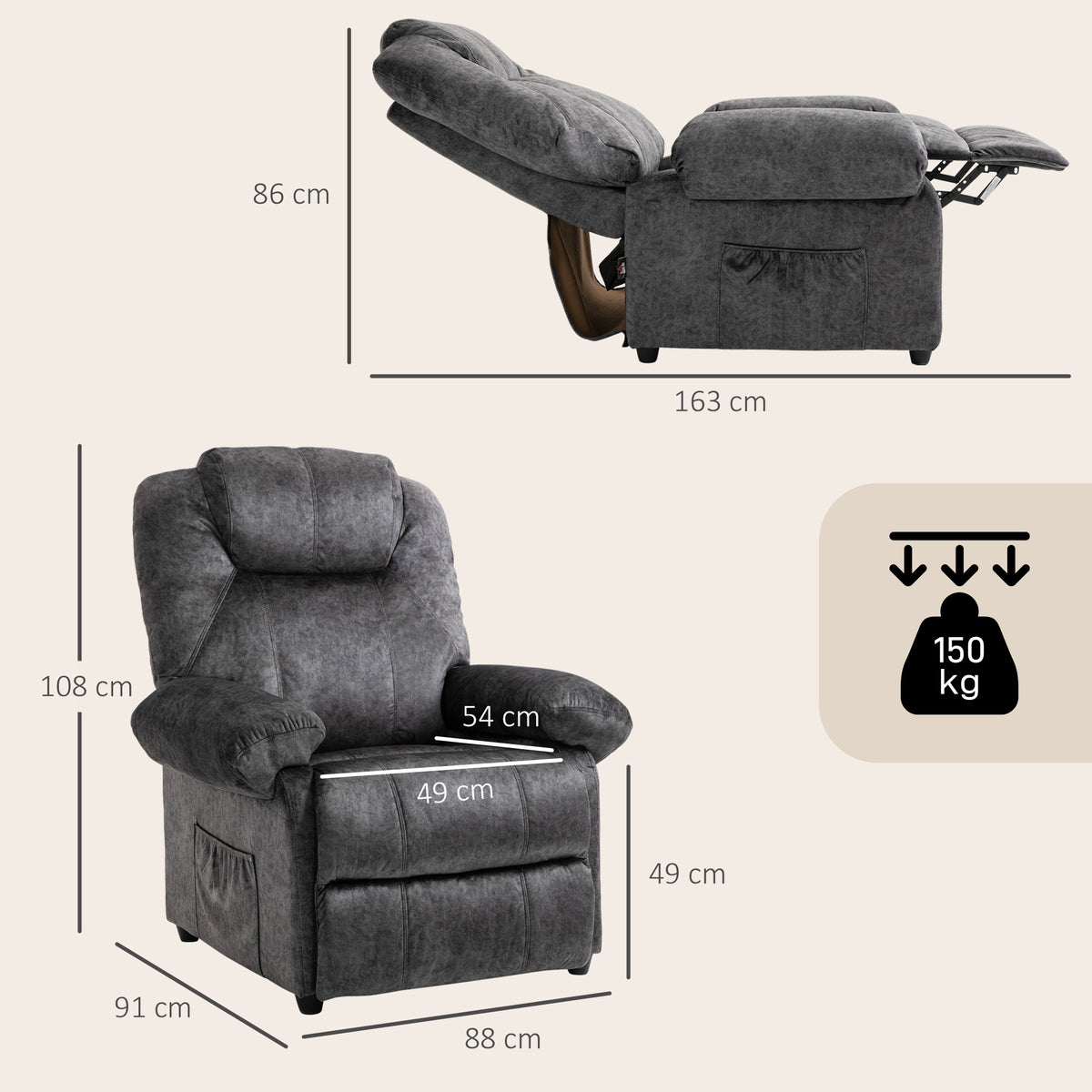 Poltrona Relax Reclinável Poltrona para Sala de Estar com Apoio para os Pés Retrátil Encosto Alto Bolso Lateral Acolchoado Grosso 88x91x108 cm Preto — foto 3