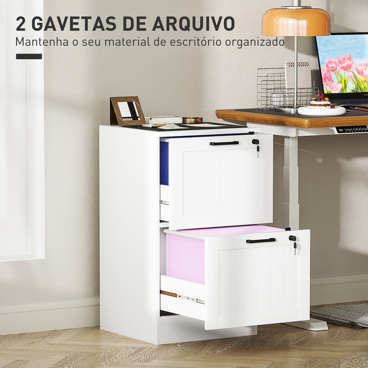 Bloco de Gavetas para Escritório Móvel Arquivador com 2 Gavetas para Escritório com Fechaduras Gavetas Suspensas para A4 40x40x71 cm Branco — foto 4