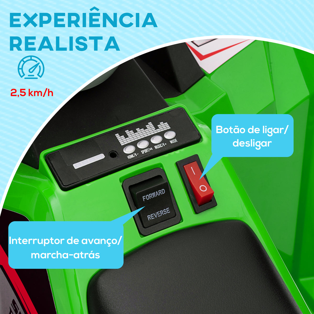 Quadriciclo Elétrico para Crianças 18-36 Meses Veículo Elétrico a Bateria de 6V com Velocidade 2,5 km/h Avanço e Marcha Atrás 70x41,5x48,5 cm Verde — foto 4