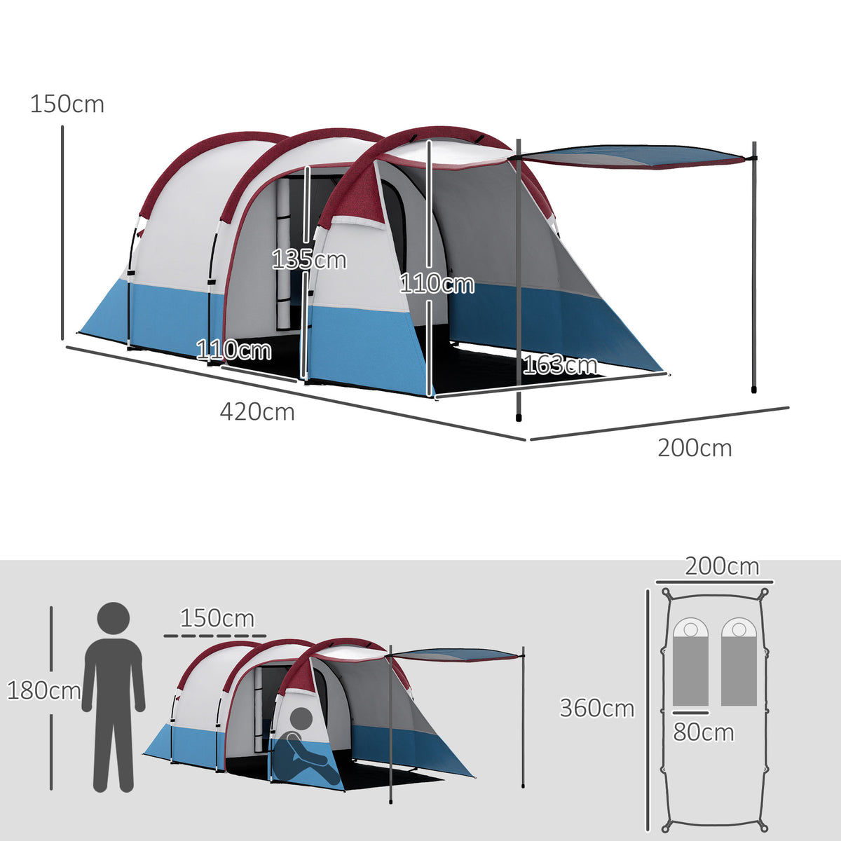 Tenda de Campismo Familiar para 3 Pessoas Tenda de Campismo Dobrável Leve com 2 Divisões Bolsa de Transporte Impermeável 2000 mm para Praia e Caminhadas 420x200x150 cm Azul Claro e Vermelho — foto 3