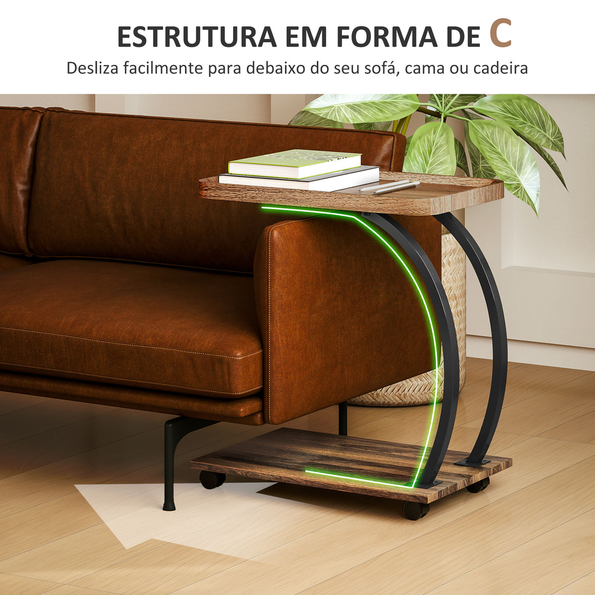 Mesa Auxiliar com Rodas Mesa Auxiliar em Forma de C para Sofá com Prateleiras Estrutura de Aço Mesa Auxiliar para Sala de Estar e Dormitório 52x34x60 cm Madeira e Preto — foto 4