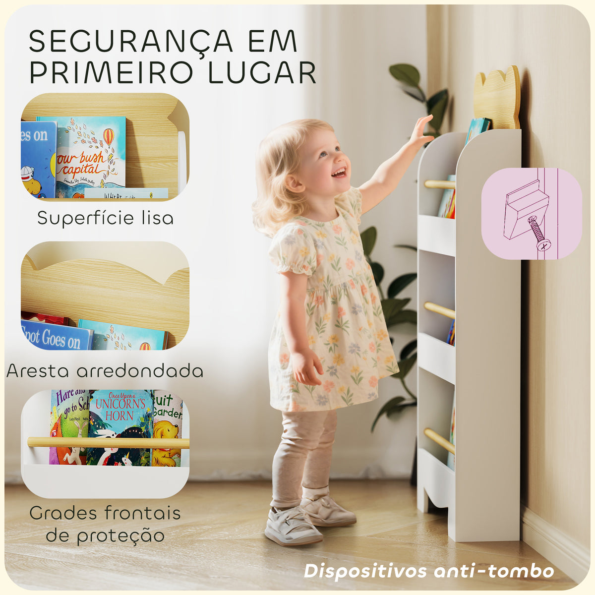 Estante Infantil de 3 Níveis Estante para Livros Infantil Desenho de Ursinho para Sala de Jogos Dormitório Escola Infantil 55x15x110 cm Branco e Madeira — foto 5