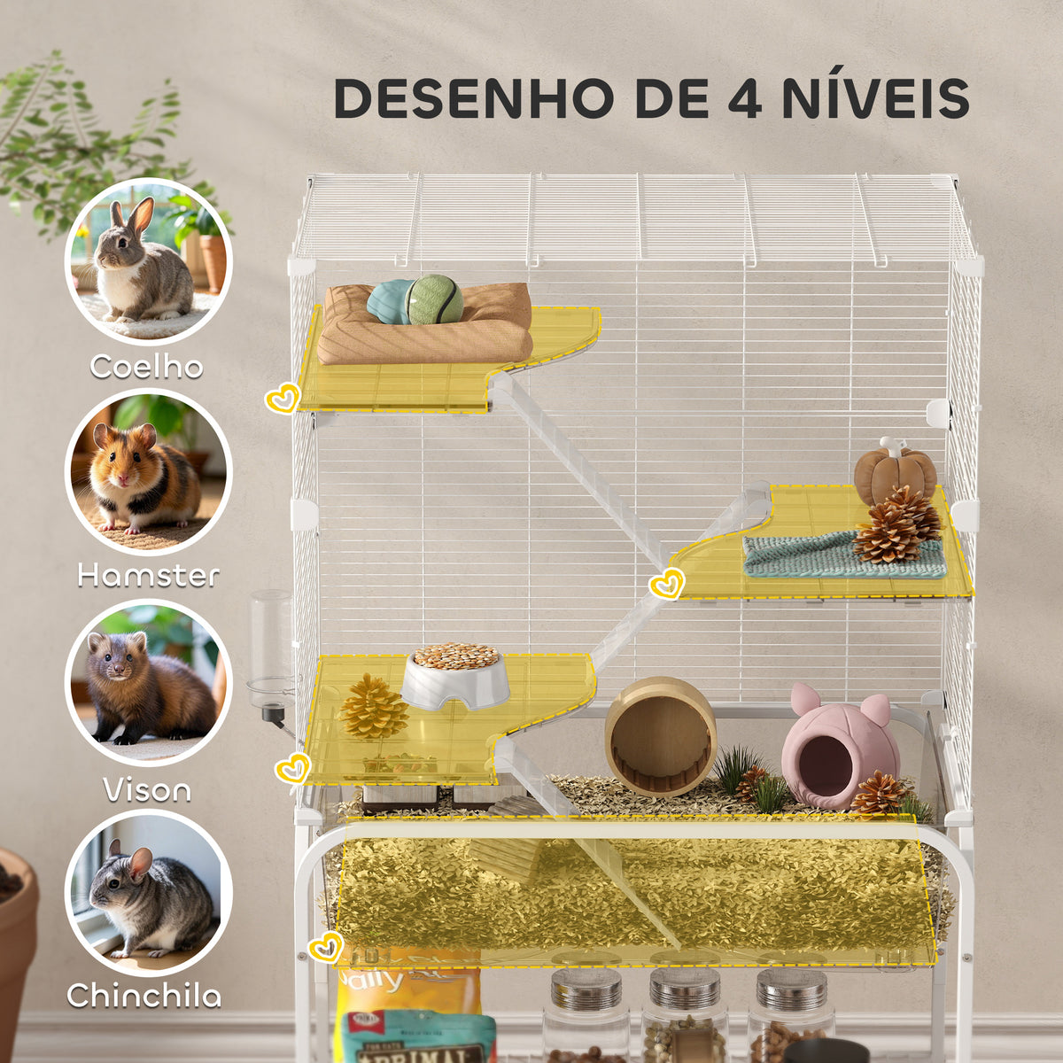 Gaiola para Pequenos Animais de 4 Níveis com Bandeja Inferior Gaiola para Roedores com Rodas Rampas Comedouro e Bebedouro Recinto para Chinchilas 73x47x123 cm Branco — foto 4