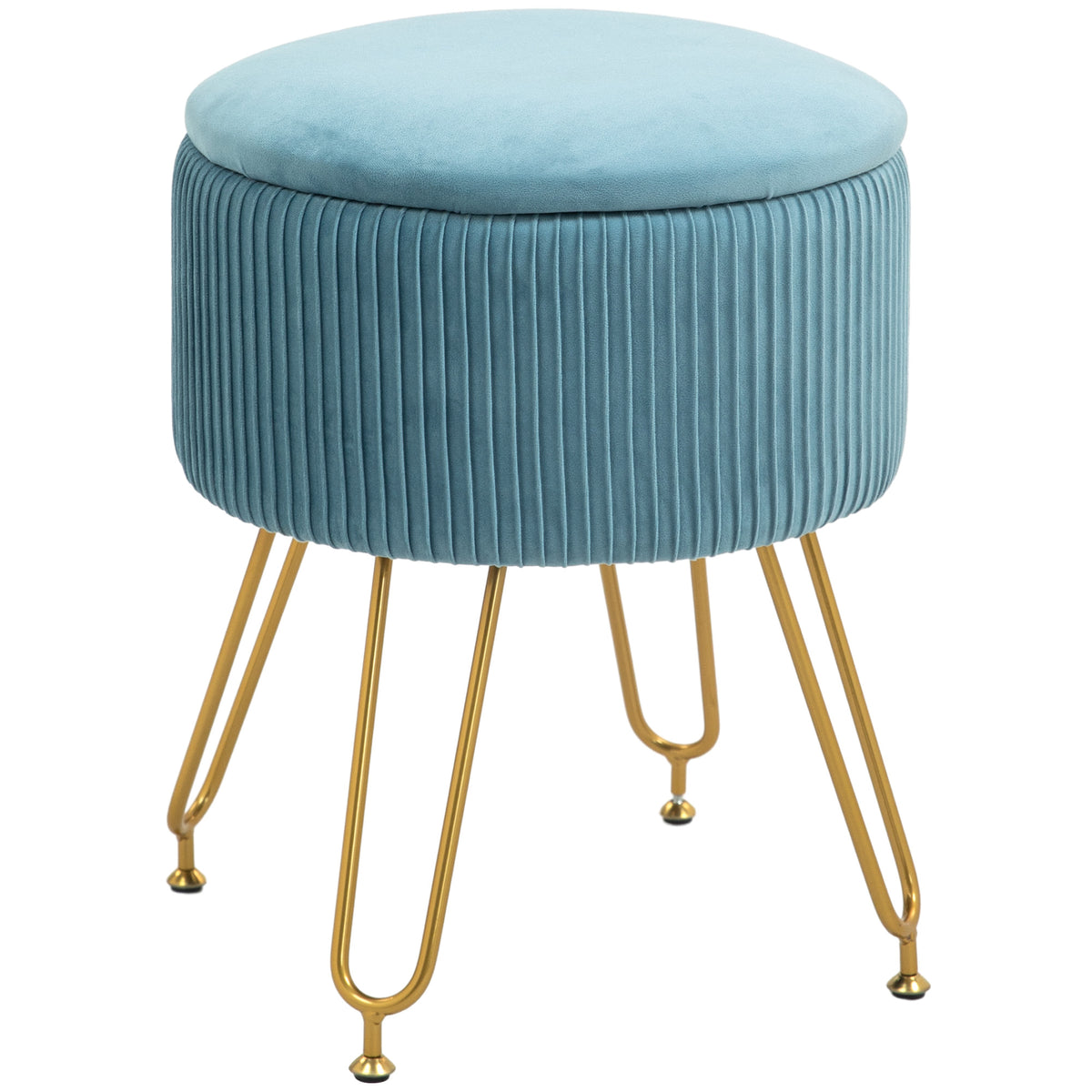 Puff de Armazenamento para Dormitório Puff de Arrumação Estofado em Veludo Banco de Armazenamento com Pés de Aço para Corredor Sala de Estar Ø40x48 cm Azul Claro — foto 1