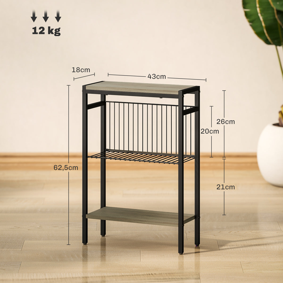 Essenza Mesa Auxiliar Estreita de 3 Níveis Industrial Cinza 43x18x62,5 cm — foto 3
