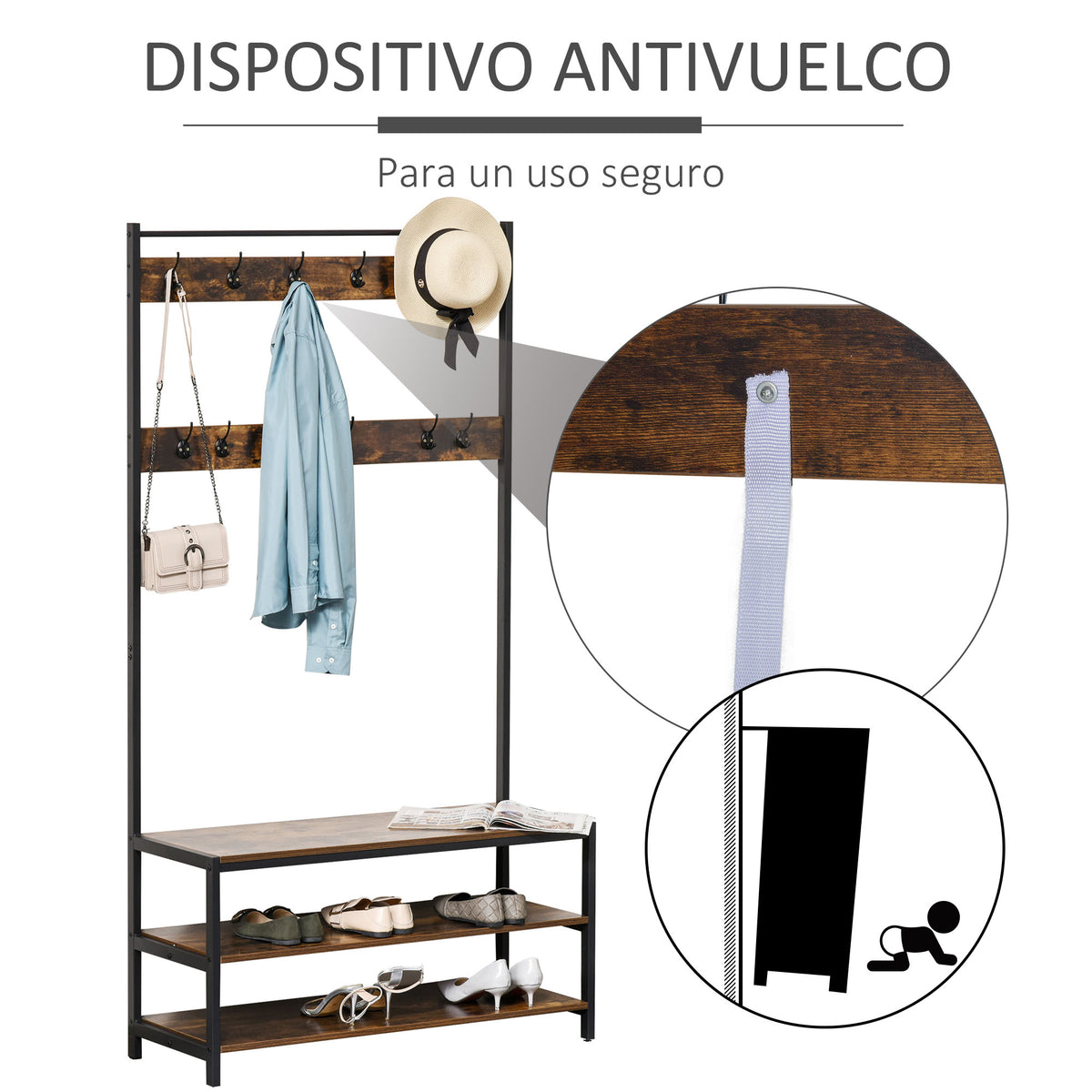 Cabide com sapateira Cabide com 12 ganchos Banco estilo industrial com 3 prateleiras Estrutura metálica 100x40x184 cm Castanho Rústico e Preto — foto 5