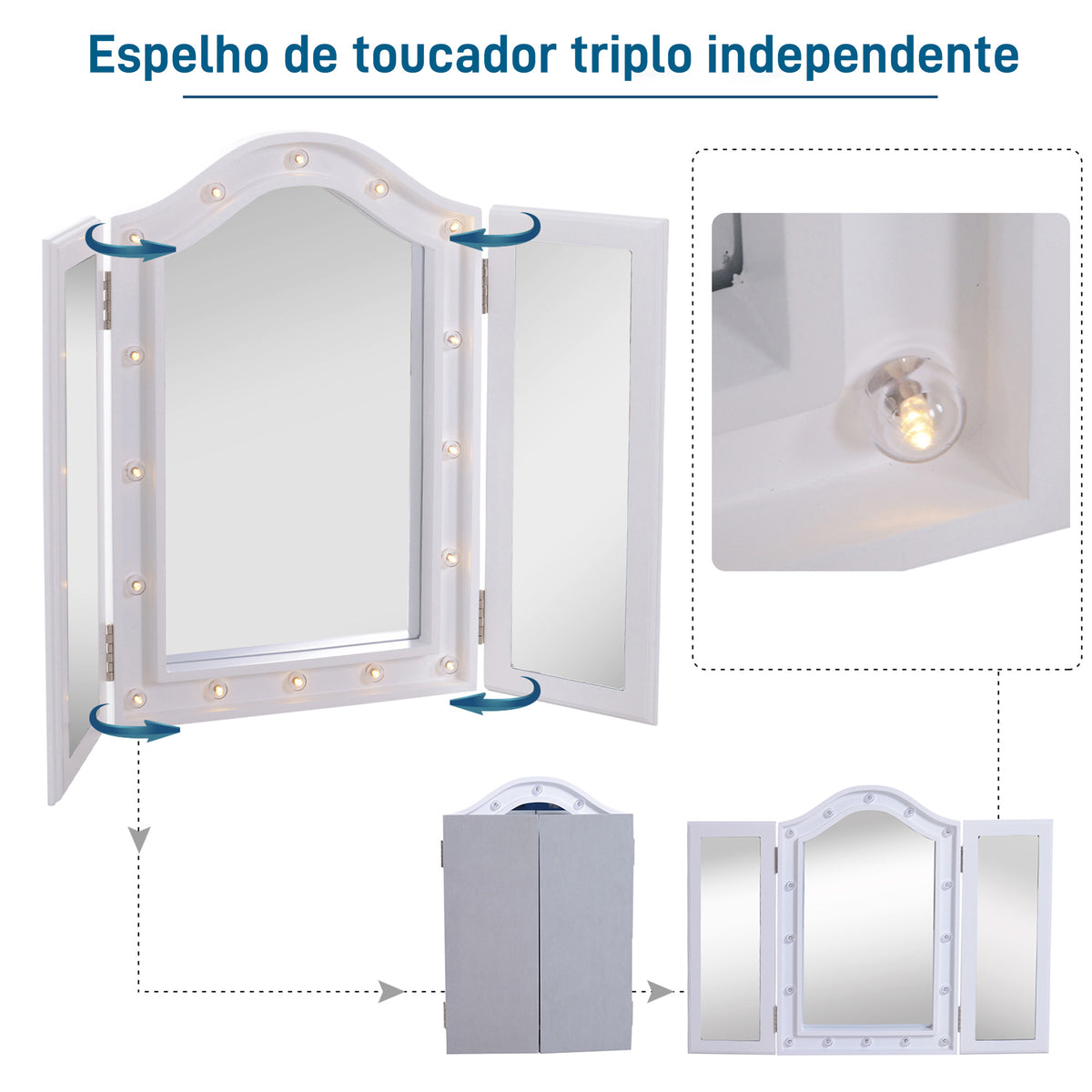 Espelho de Maquilhagem com Luz LED Dobrável Espelho Triplo de Mesa Presente Original para Mulher, 73x53,5x4,5cm — foto 5