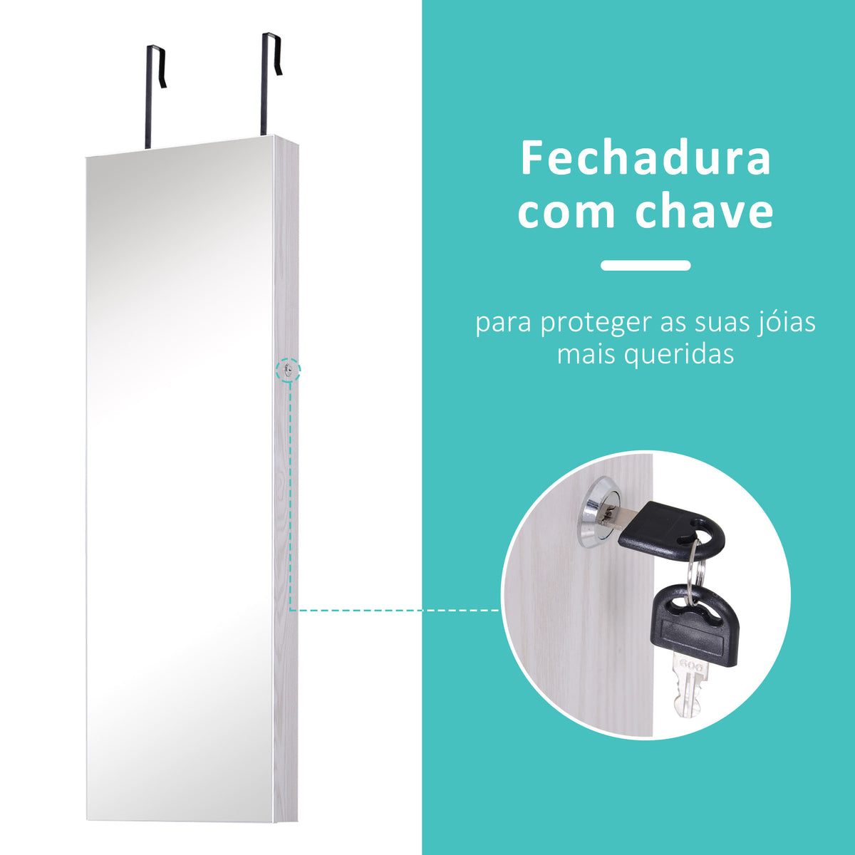 Espelho com Móvel de Bijuterias de Parede ou Porta Espelho de Parede com LED 5 Prateleiras 2 Gavetas pequenas e Fechadura 37x120x10cm Cinza Claro — foto 5
