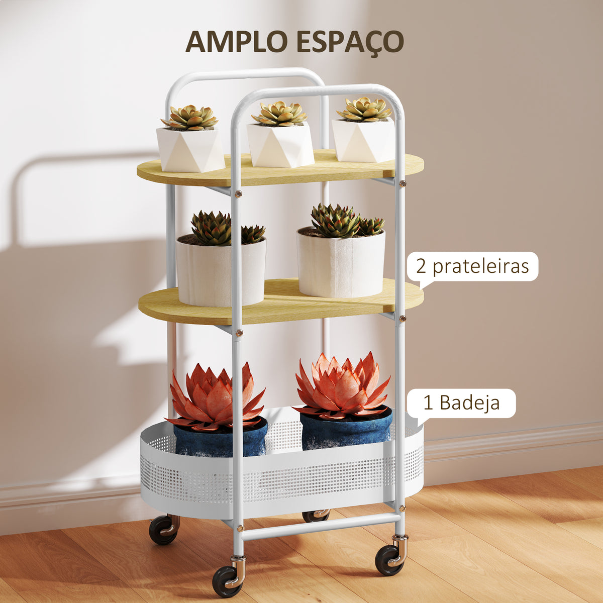 Carrinho Auxiliar com Rodas Carrinho de Cozinha de 3 Níveis Carrinho de Armazenamento com Cesta e Prateleiras Carga 30 kg para Sala de Jantar Sala de Estar 49,5x32,5x82,5 Branco e Madeira — foto 4