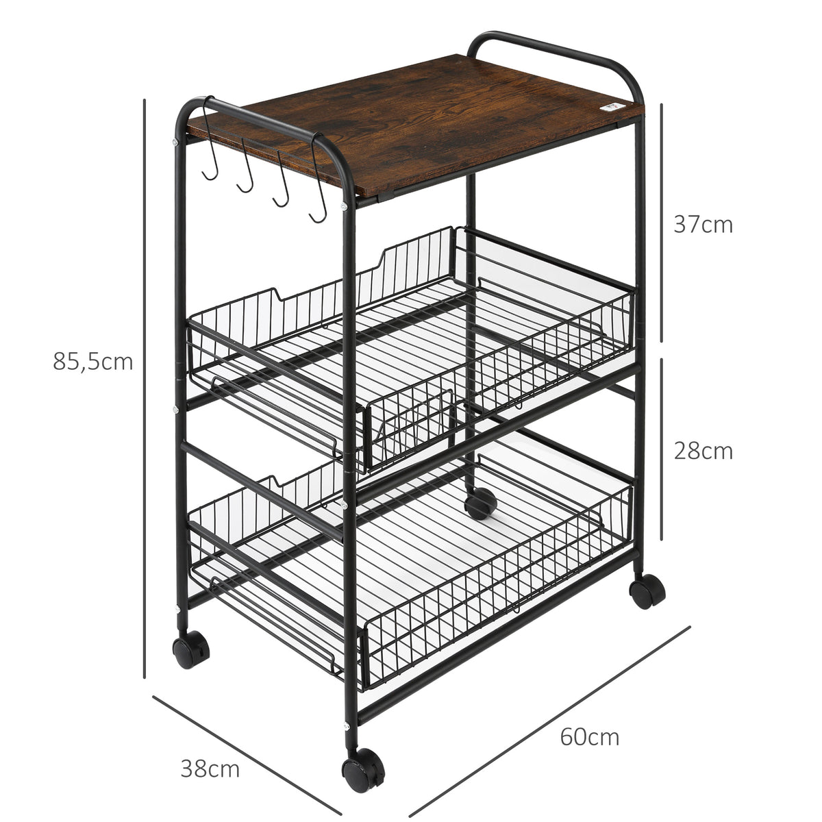 Carrinho de Cozinha com Rodas Carrinho Auxiliar de 3 Níveis com 2 Cestas e 4 Ganchos para Cozinha Sala de Jantar 60x38x85,5 cm Castanho Rústico — foto 3