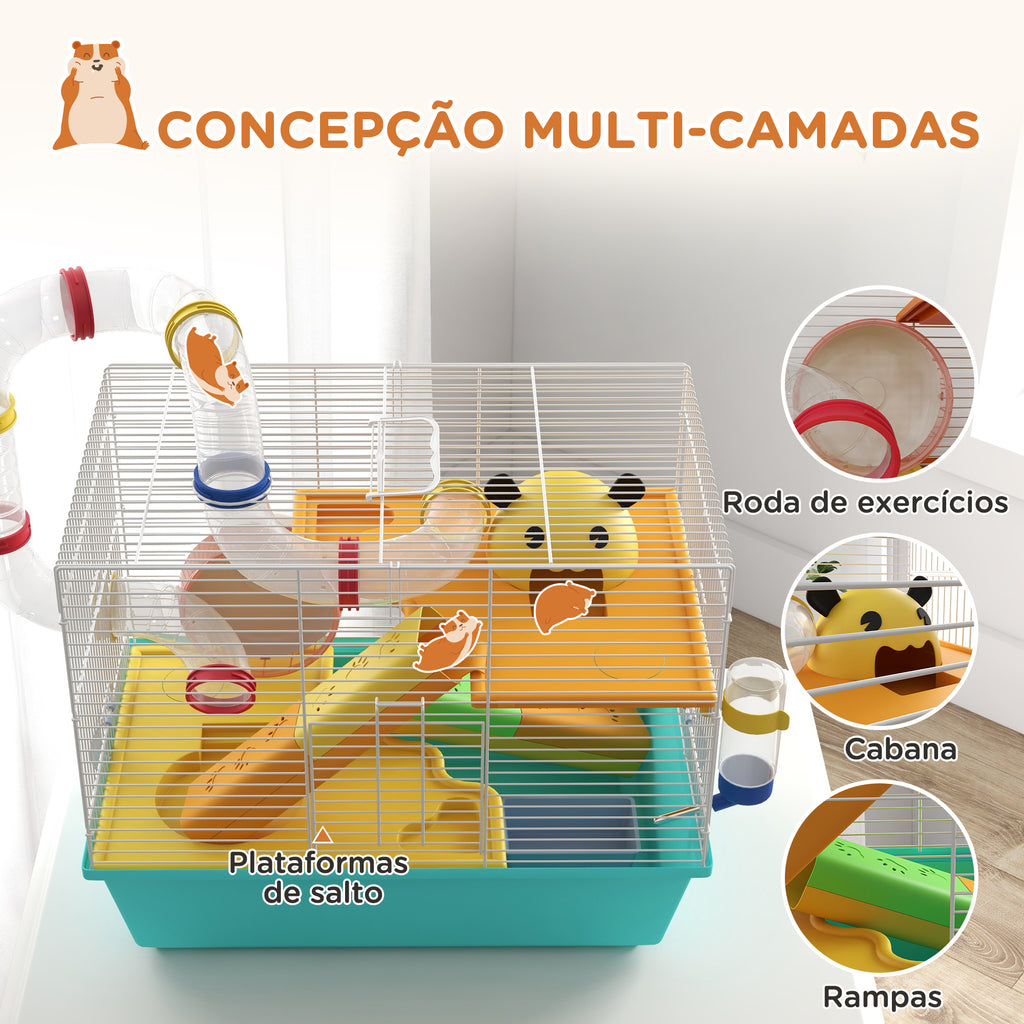 Gaiola para Hamsters Gaiola para Animais Pequenos com Túnel Plataformas Comedouro Bebedouro Casinha Rampas e Roda de Exercício 45x28x37 cm Azul Claro — foto 5