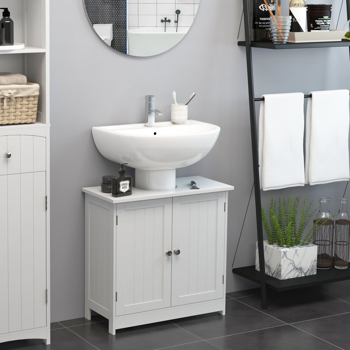 Móvel para Lavatório Pousar Armário Casa de Banho de Armazenamento com 2 Portas e Prateleira Interior Ajustável Moderno 60x30x60 cm Branco — foto 2