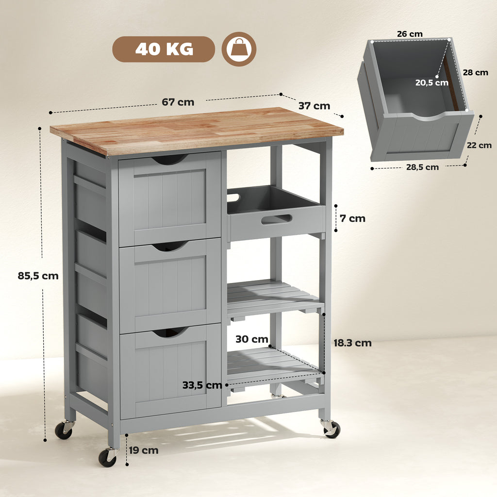 Carrinho de Cozinha com Rodas Carrinho de Serviço Multiuso com 3 Gavetas 2 Prateleiras Abertas e Bandeja para Sala de Jantar Sala de Estar 67x37x85,5 cm Cinzento — foto 3