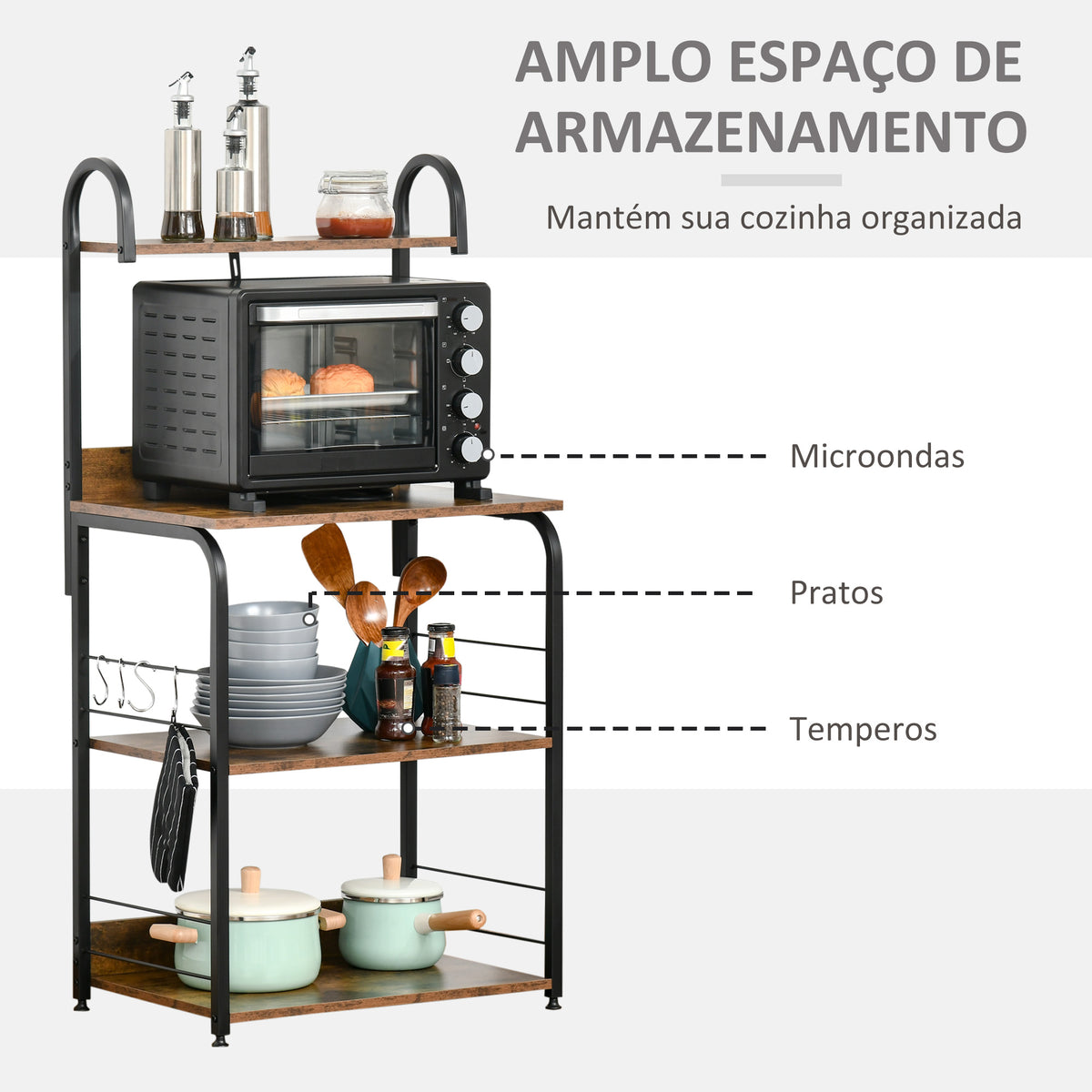 Estante de Cozinha Estante para Microondas com 4 Níveis Ganchos e Pés Ajustáveis Estante de Armazenamento 60x40x125 cm Marrom Rústico — foto 4