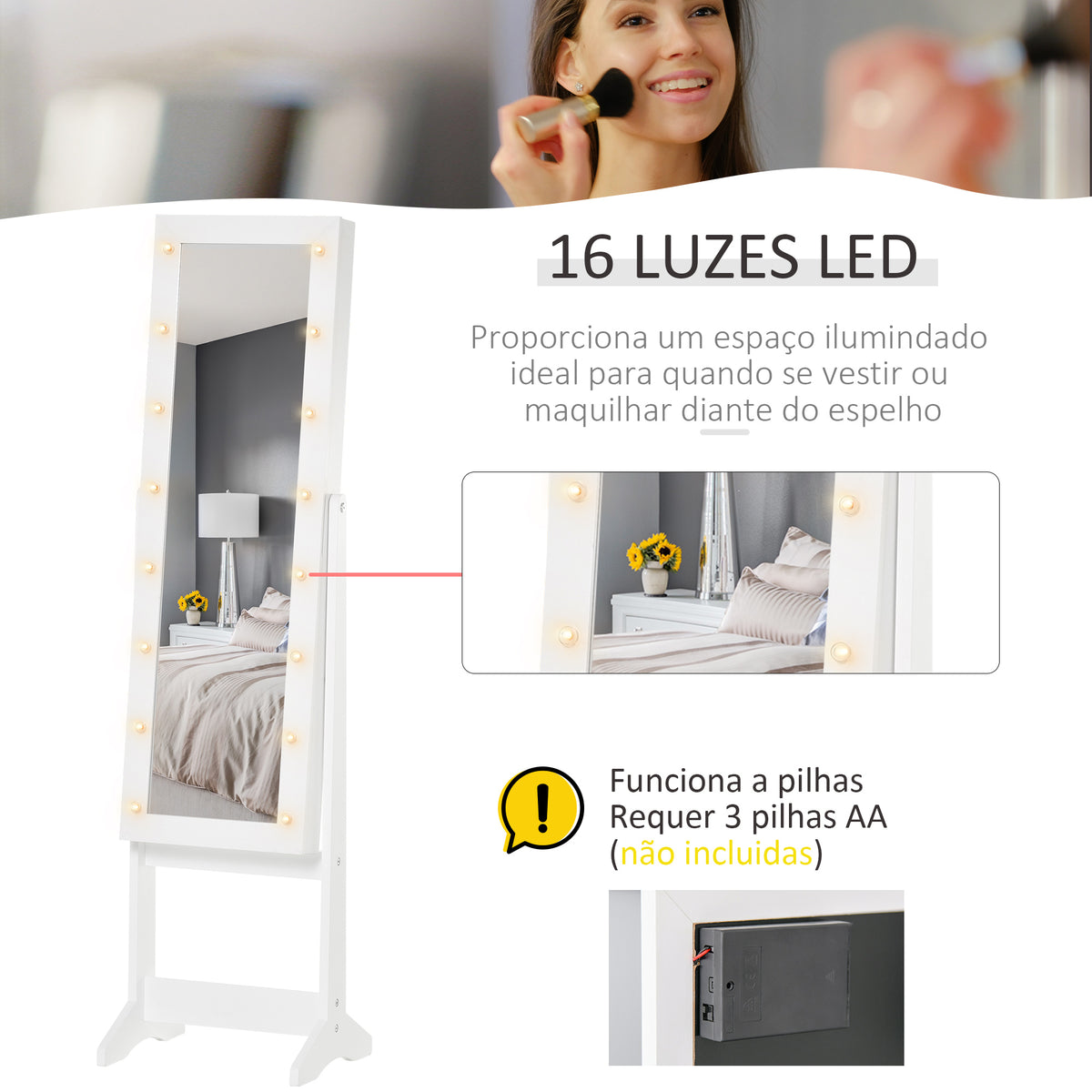 Espelho Joalheiro de Pé Armário de Jóias com 16 Luzes LED e Ângulo Ajustável Organizador de Jóias com Prateleiras Ranhuras para Anéis 36x30x136 cm Branco. — foto 5