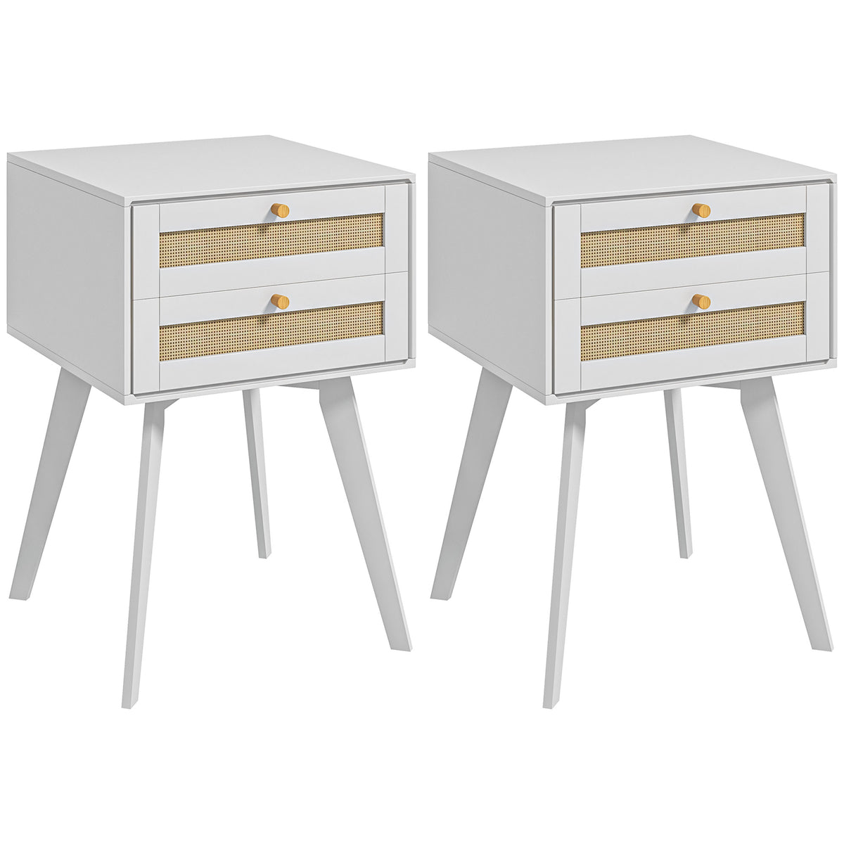 Conjunto de 2 Mesas de Cabeceira Estilo Cannage com 2 Gavetas em Vime Mesas Auxiliares Pequenas 40x40x60 cm Branco — foto 1