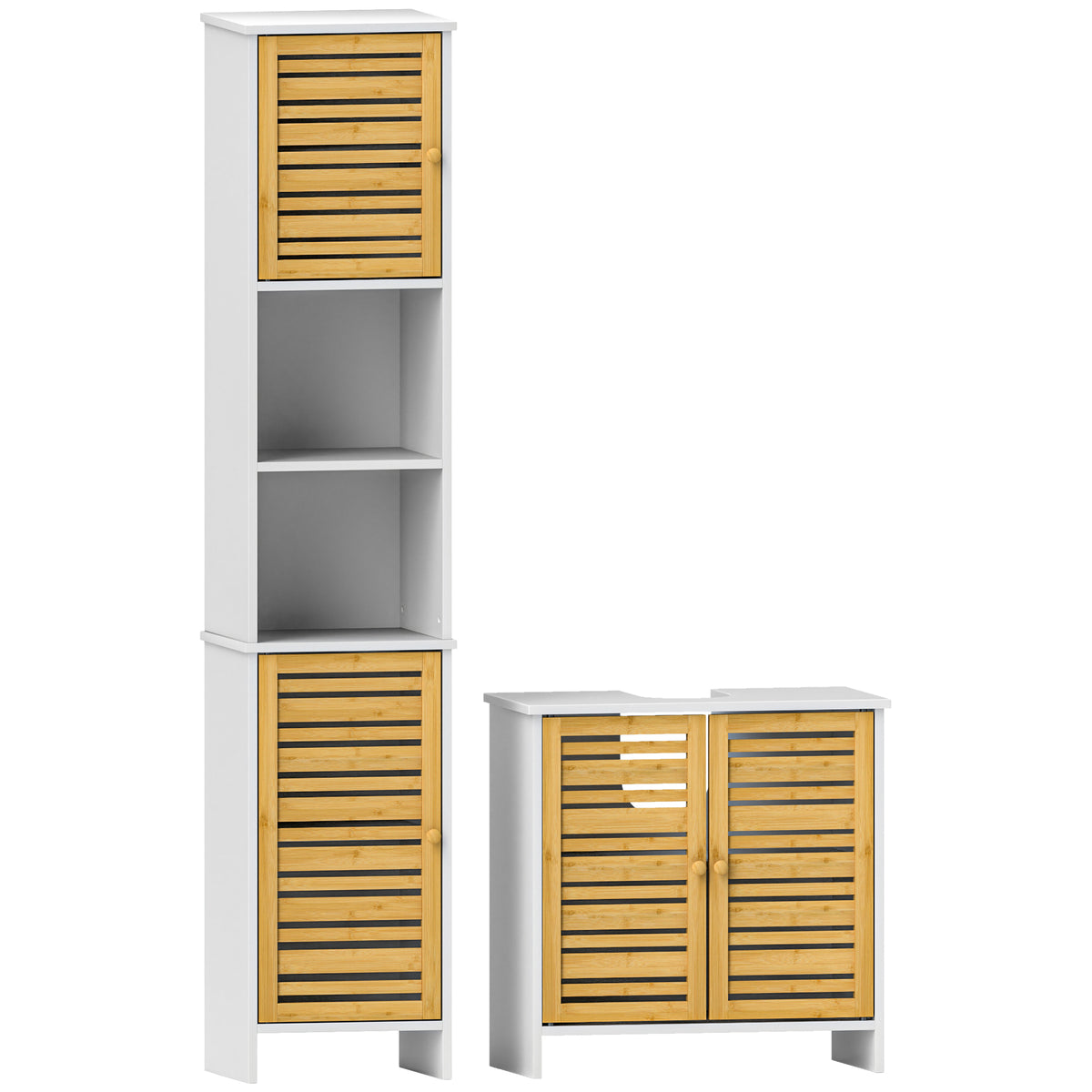 Conjunto de Móveis para Casa de Banho Inclui 1 Móvel para Lavatório Pousar 1 Coluna para Casa de Banho Estreita com Portas de Bambu e Prateleiras Ajustáveis Branco e Madeira — foto 1