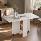 Mesa de Sala de Jantar Dobrável Mesa de Madeira com 2 Prateleiras de Armazenamento e Rodas para Cozinha 75x140x74 cm Branco — Ambiente | Lifestyle