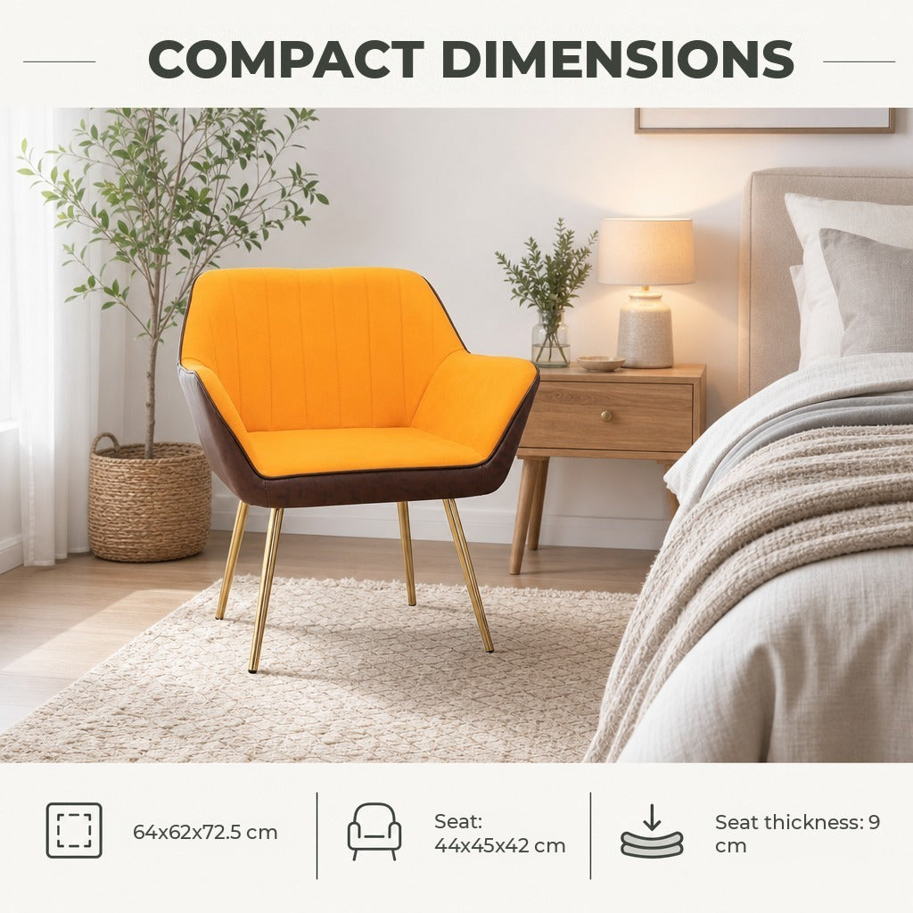 Poltrona de Sala de Estar Estofada em Couro Sintético e Veludo com Apoios para os Braços Pés Dourados e Estrutura de Aço Poltrona para Dormitório Carga 120 kg 64x62x72,5 cm Amarelo — Características | Features