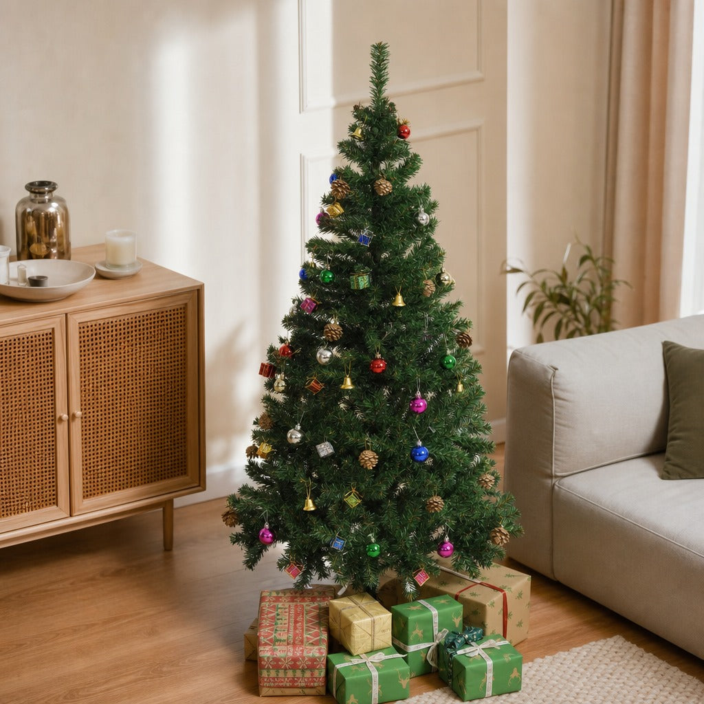 Árvore de Natal Artificial 150cm Ignífugo com 420 Ramos 48 Decorações Folhas de PVC e Suporte Metálico Decoração de Natal para Interior Verde — Ambiente | Lifestyle