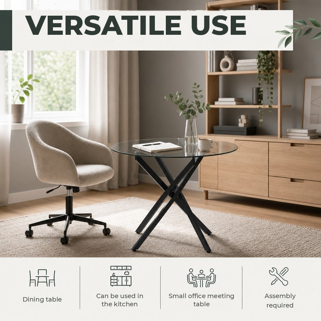 Mesa de Sala de Jantar Redonda com Bancada de Cristal Temperado Transparente e Pés Cruzados de Metal Mesa de Centro Moderna Ø80x75cm Preto — Características | Features