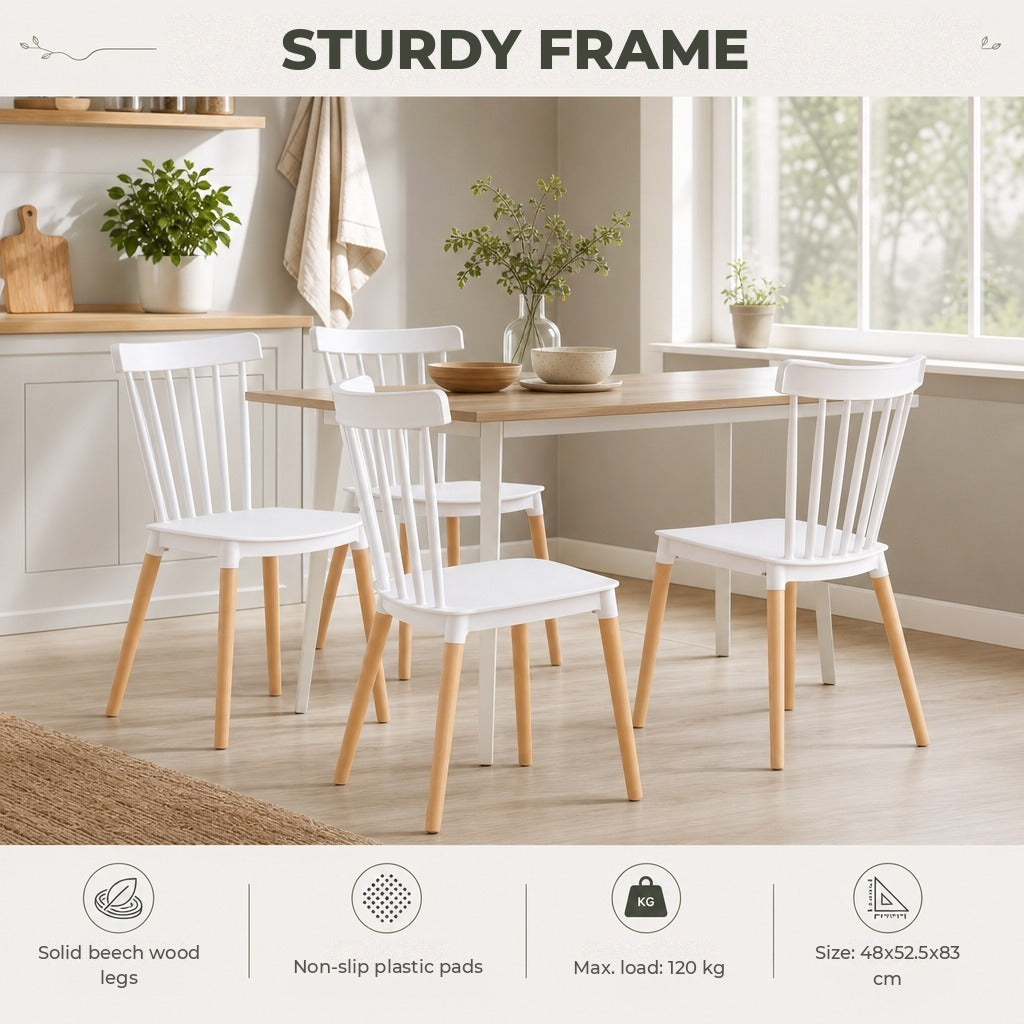 Conjunto de 4 Cadeiras Estilo Nórdico Cadeiras de Cozinha com Encosto Alto Assento de Polipropileno e Pés de Madeira de Faia Carga Máx. 120kg 48x52,5x83cm Branco e Madeira — Características | Features