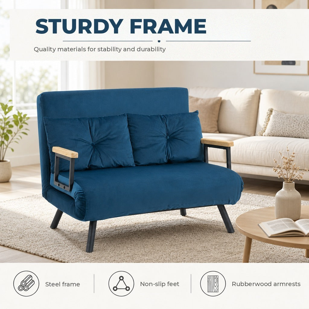 Sofá Cama Sofá Convertível em Cama de 2 Lugares Dobrável com Encosto Ajustável em 5 Níveis e 2 Almofadas Acolchoadas para Escritório Dormitório Sala de Estar 102x73x81 cm Azul — Características | Features