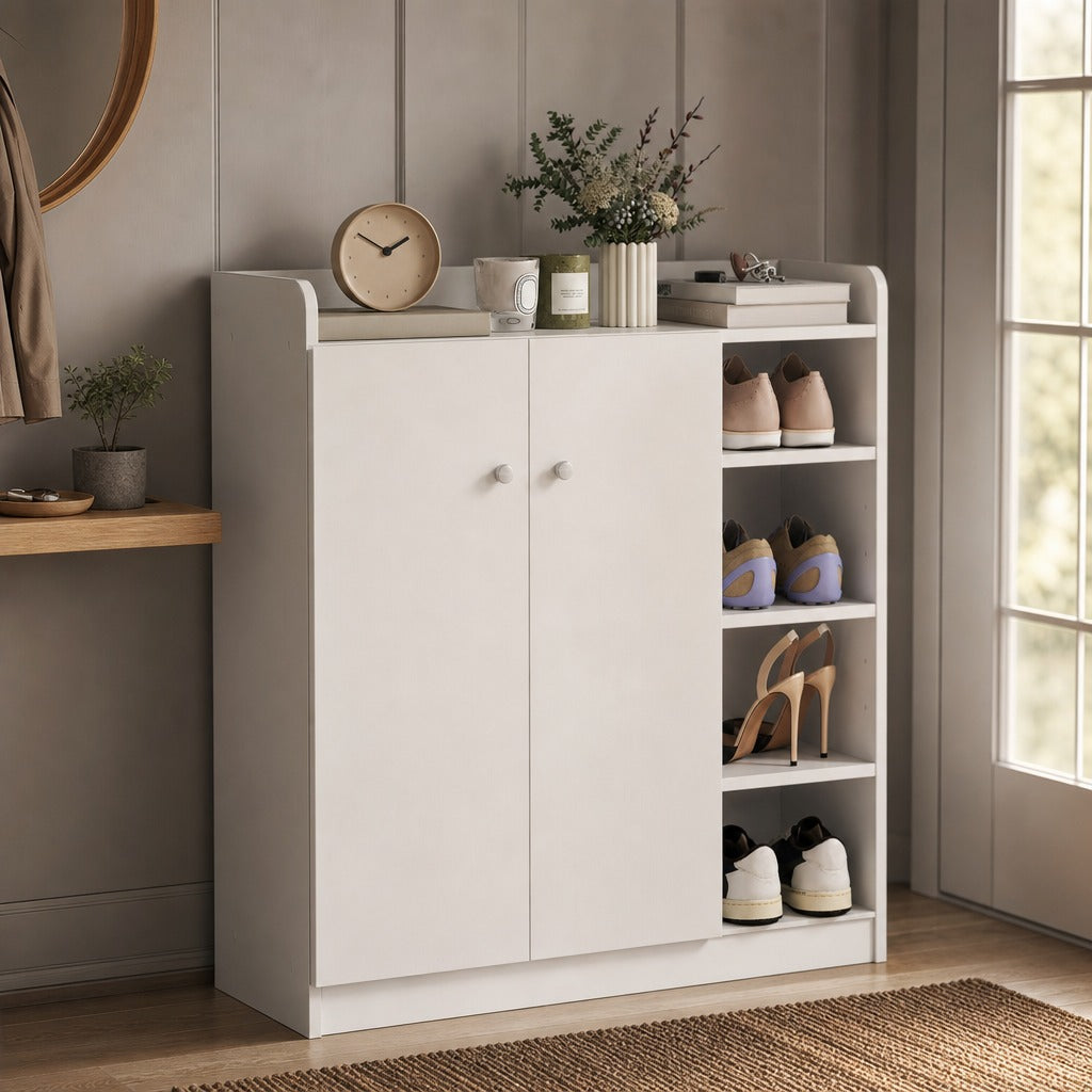 Sapateira Armário Multiuso com 2 Portas Prateleiras Interiores e 4 Prateleiras Exteriores com Altura Ajustável 83x30x90 cm Branco — Ambiente | Lifestyle