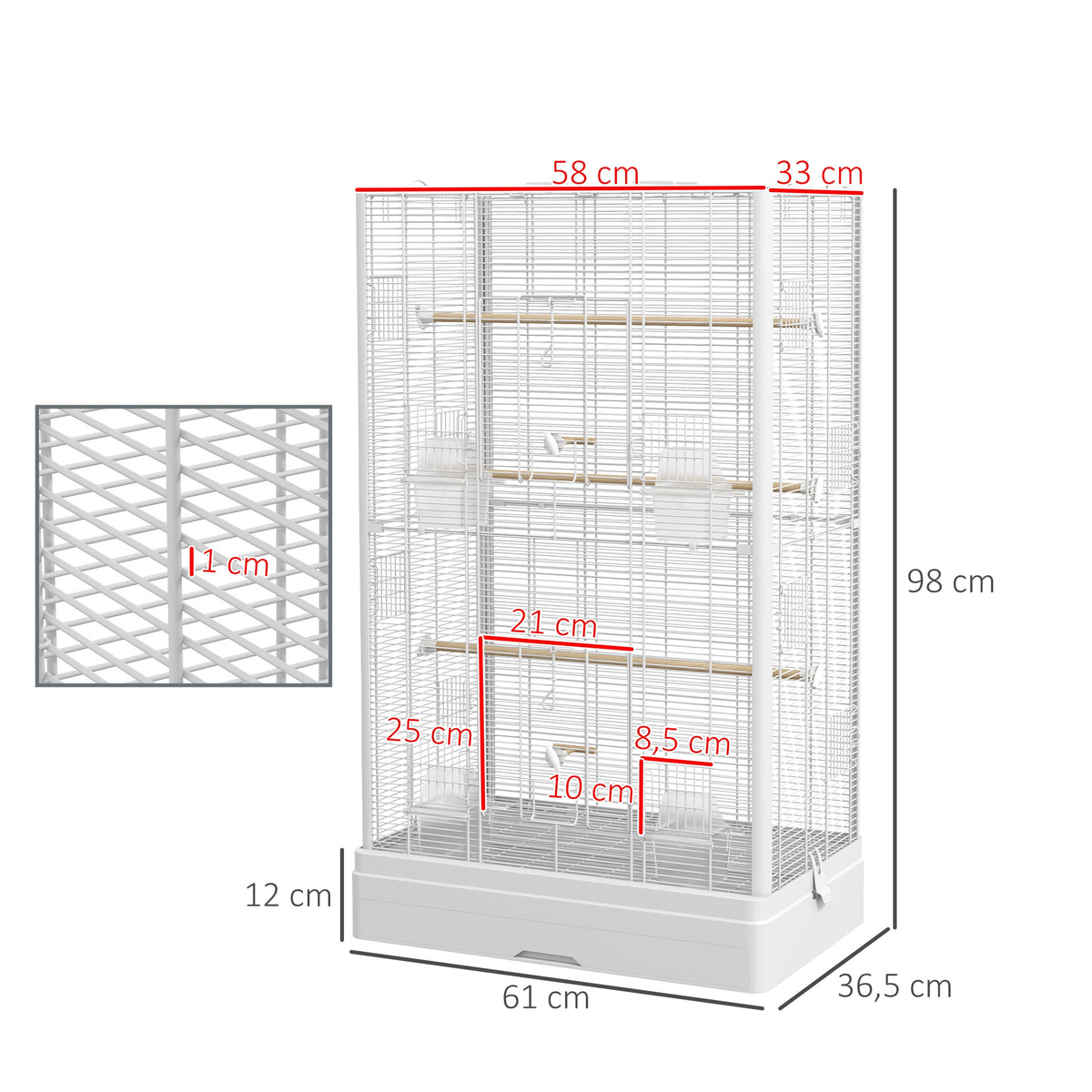 Gaiola para Pássaros 61x36,5x98 cm Gaiola para Aves com Portas Poleiros Bandeja Removível Caixas de Comida e Alças para Canários Periquitos Branco — foto 3