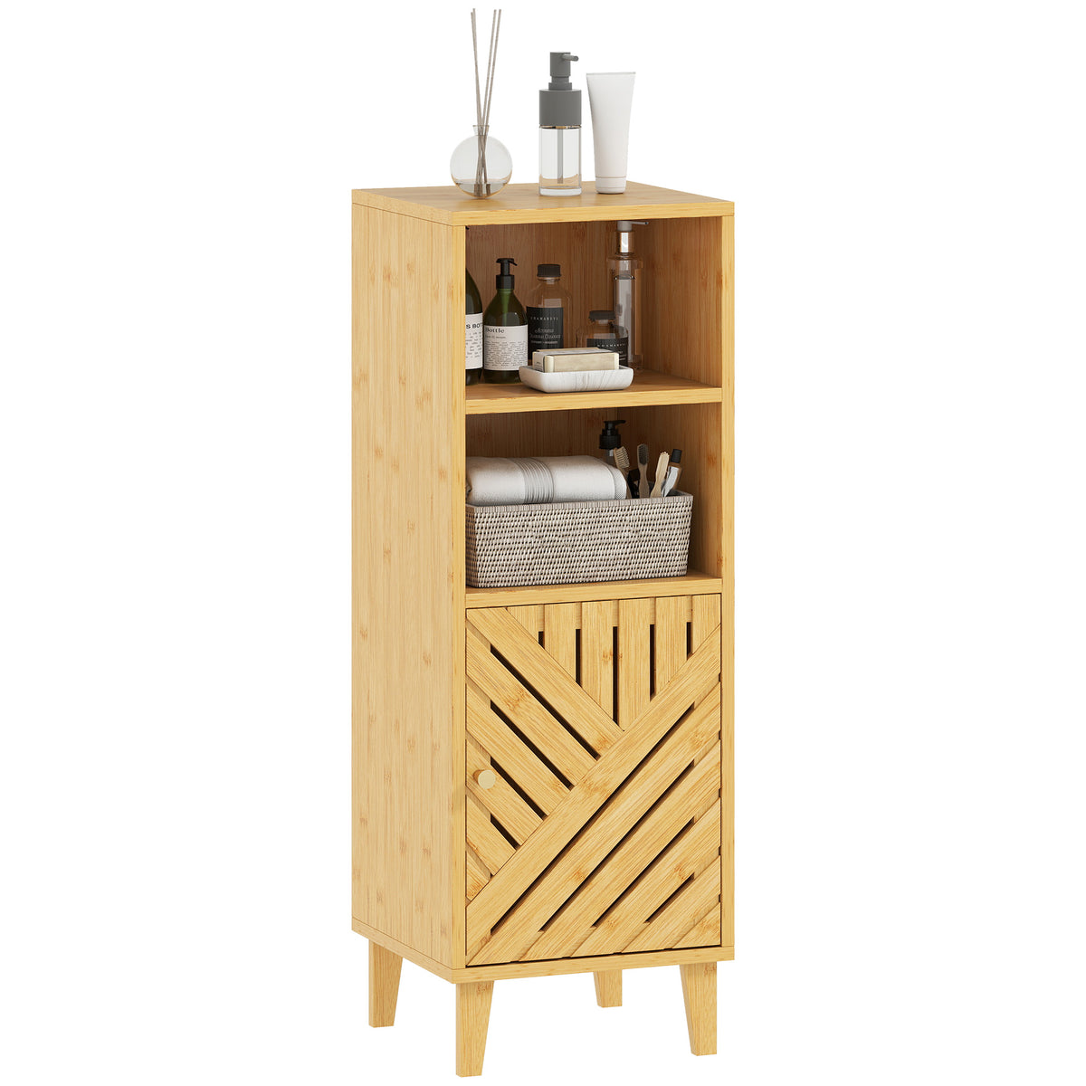 Armário de Casa de Banho Estreito Móvel Auxiliar de Casa de Banho 32x30x90 cm com 2 Prateleiras Abertas Porta e Pés de Bambu Estilo Moderno para Espaços Pequenos Madeira — foto 1