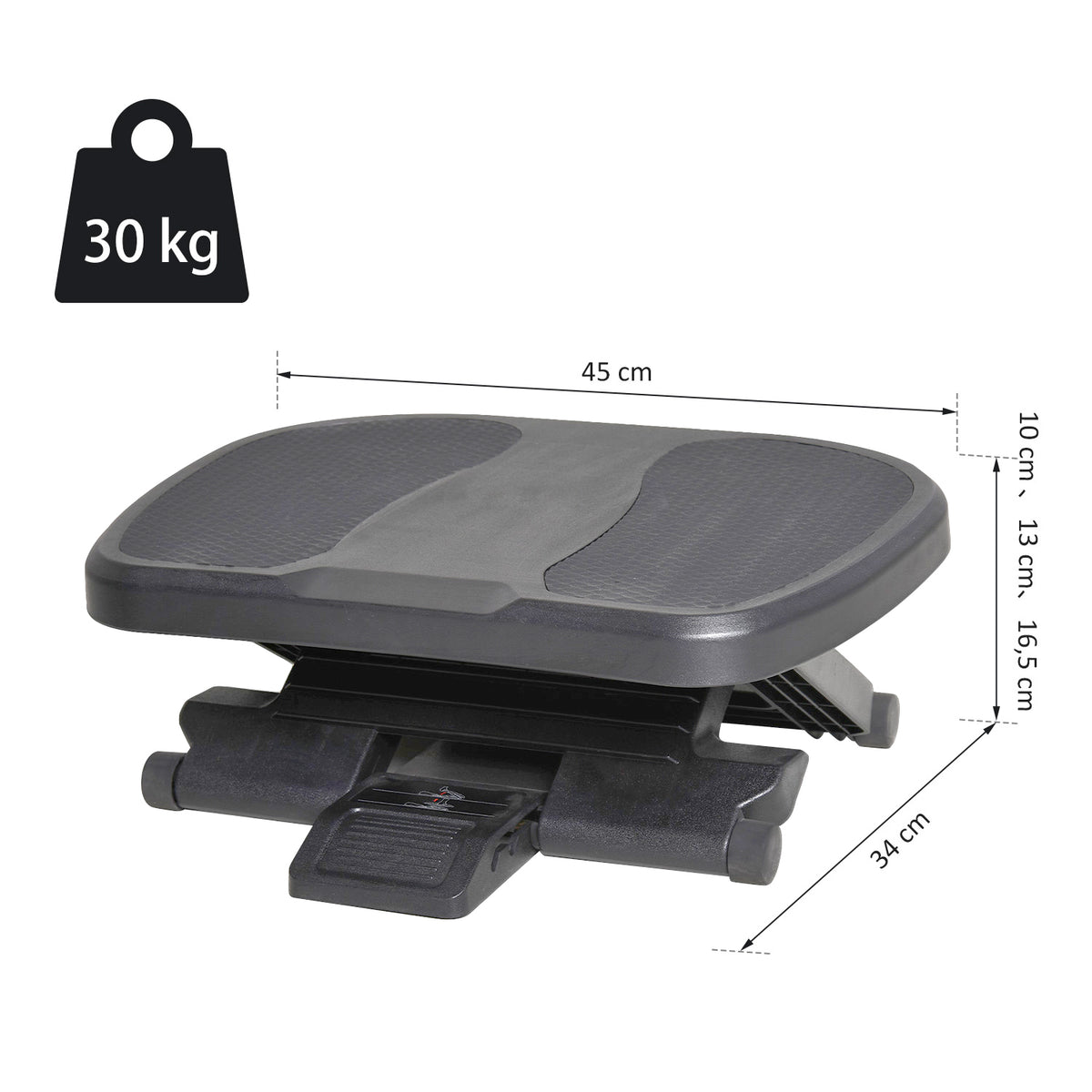Apoio para os Pés com Superfície Texturizada Apoio para os Pés com Inclinação de 0-30° Massagem e Altura Ajustável em 3 Níveis para Escritório 45x34x10-16,5 cm Preto — foto 3