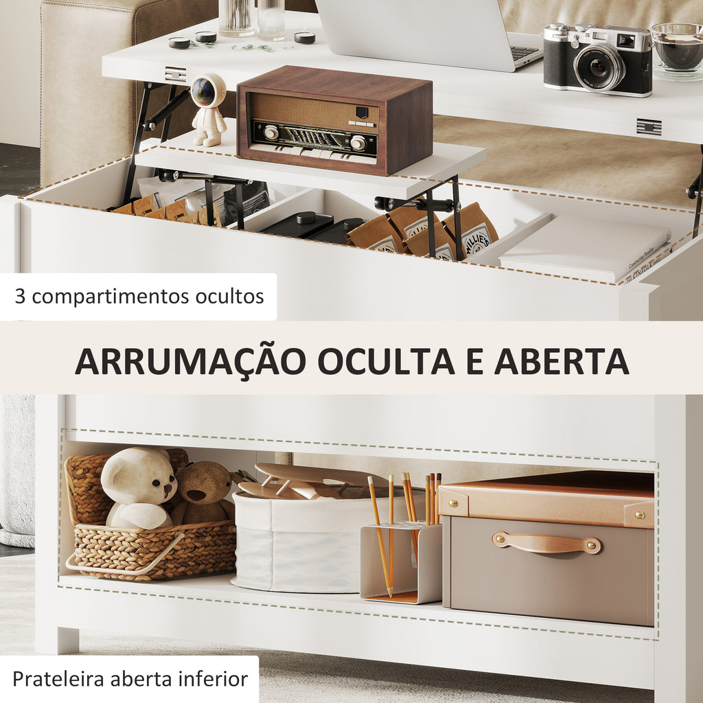 Mesa de Centro Elevatória e Extensível com Compartimentos Ocultos e Prateleira Aberta para Sala de Estar Escritório 100x90x64 cm Branco — foto 6