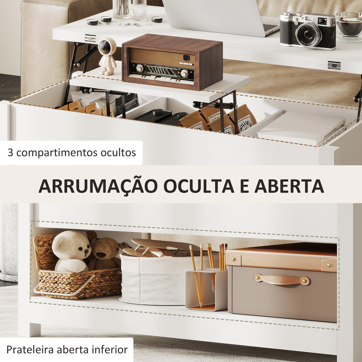 Mesa de Centro Elevatória e Extensível com Compartimentos Ocultos e Prateleira Aberta para Sala de Estar Escritório 100x90x64 cm Branco — foto 6